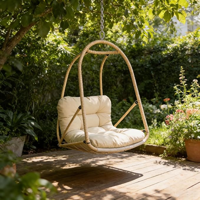 JESE Swing Egg Chair Without Standwith Removable Cup Holder - 300LBS Capacity All-Weather Hanging Chair for Indoor/Outdoor Patio Garden &amp BalconyKhaki