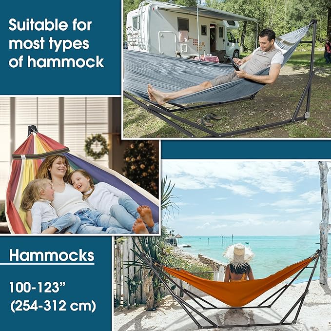 Tranquillo Adjustable Hammock Stand 600 lbs Capacity Collapsible Camping Hammock and Stand Double Hammock with Stand for 2 Persons Quick &amp Easy Assembly Garden Yard Patio Lawn Grey
