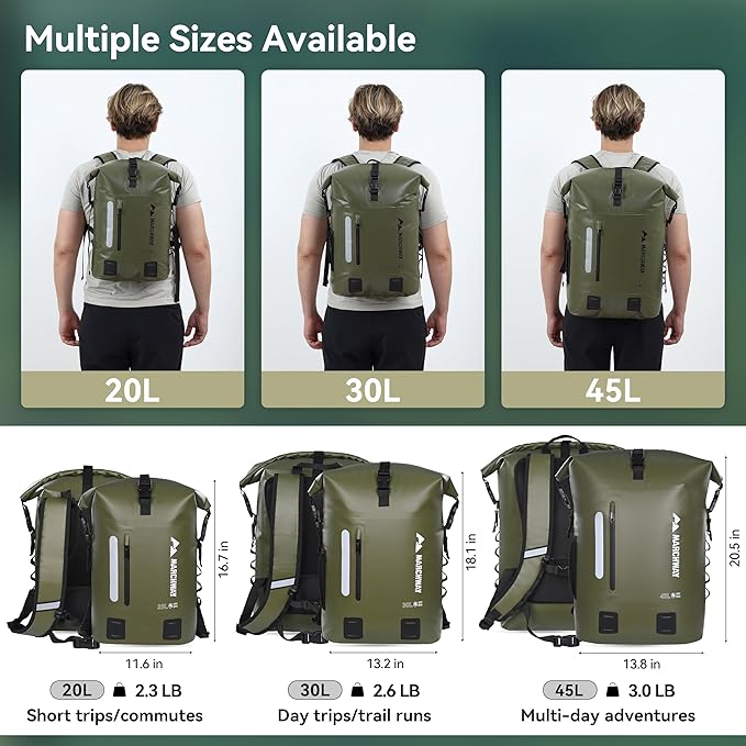 MARCHWAY Roll Top Waterproof Backpack Floating Dry Bag 20L/30L/45L with Ergonomic Rectangular Base Cushioned Back Hip Strap for Hiking Camping Kayaking Travel (Army Green 30L)