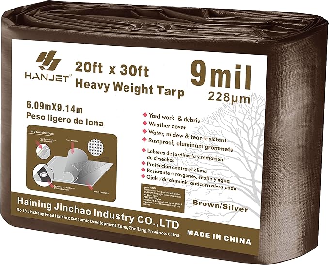 Outdoor Tarp Heavy Duty 9 Mil Multi-Purpose Waterproof Reinforced Rip-Stop Tarps with Grommets - 20 x 30 Feet Brown Sliver