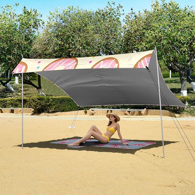 xigua Donut Beach Tent Sun Shelter with Carrying Bag - Silver Coated Oxford Fabric Beach Canopy for Beach Camping Fishing - Includes Windproof Ropes Sandbags &amp Stakes