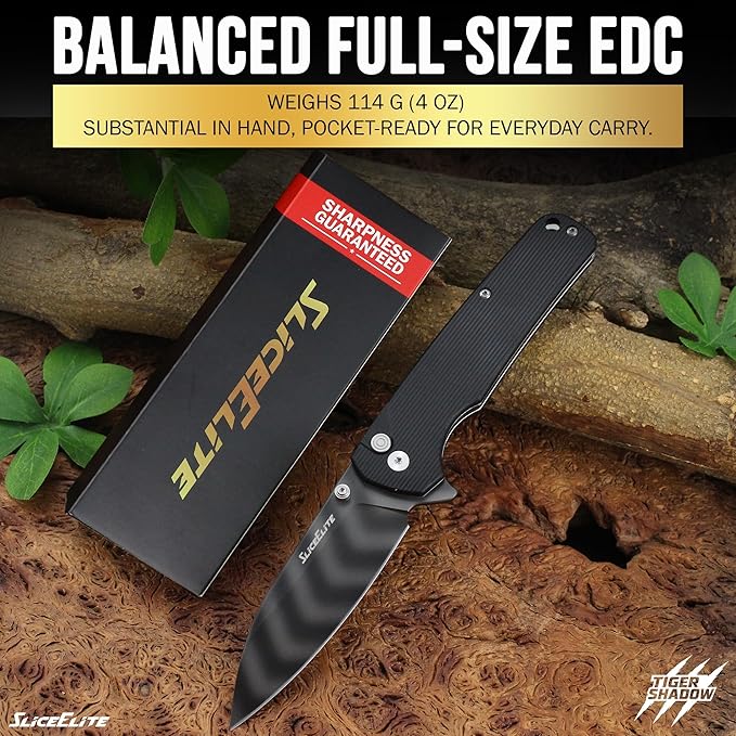 SliceElite Tiger Shadow Folding Knife D2 Steel 3.5 Inch Drop Point Blade Black G10 Handle Button Lock Striped Titanium Finish EDC Pocket Knife Outdoor Camping Survival Everyday Carry