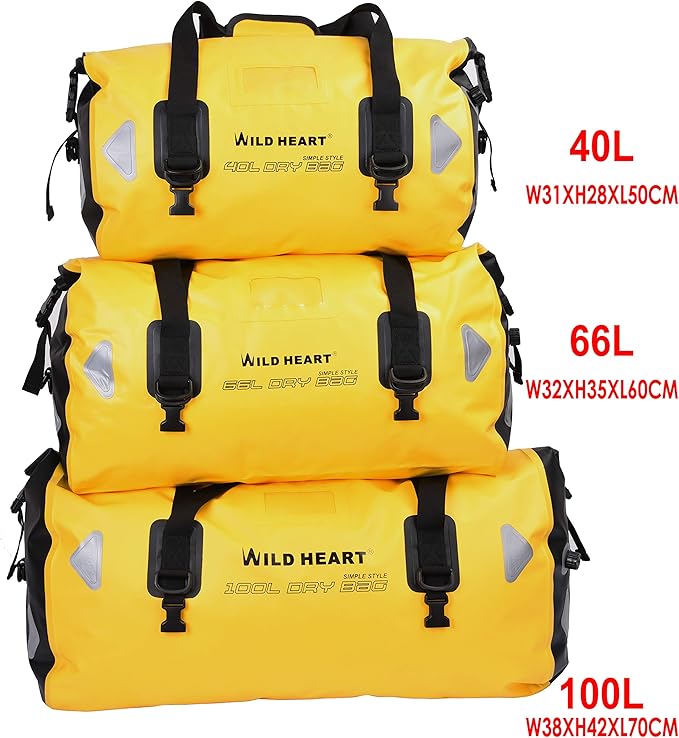 WILD HEART Waterproof Motorcycle Duffel Bag PVC500D Double-bottom With Rope Straps and Inner Pocket 40L 66L 100L for Kayaking Camping BoatingMotorcycle