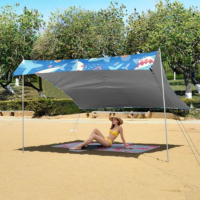 Shark Water Blue Pattern Foldable Beach Cabana UPF50+ Protection Water-Resistant Shade Sun Shelter with Sand Pockets for Camping Picnics Backyard &amp Fishing