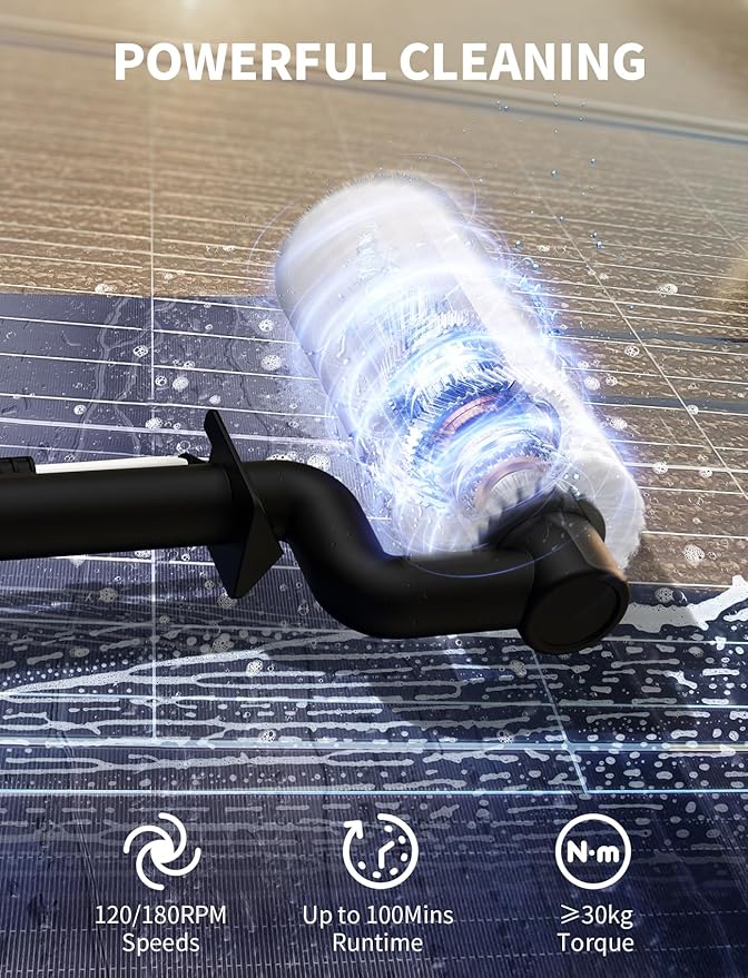 Solar Panel Cleaning Brush and Pole 20FT Electric Cleaning Roller Brush with Telescopic Water Fed Pole 100Mins Runtime 2 Spin Speeds Outdoor Window Cleaning System for Solar Panel Window Roof