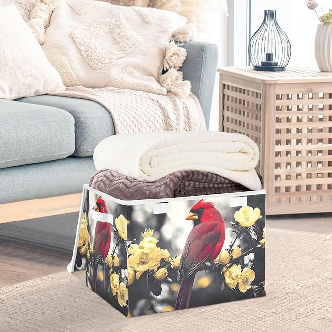 AIXIWAWA Lidded Storage Cube (Gold Flower Bird) Fabric Foldable Closet Bins with Flip Lid and Handles Organizer Basket Container 16.5 x 12.6 x 11.8 IN