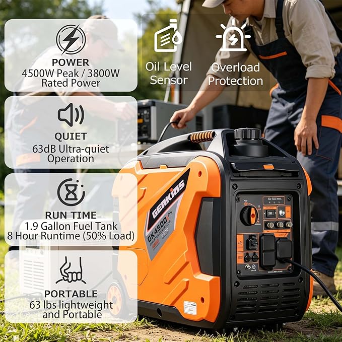 Genkins 4500W Portable Inverter Generator Gas Powered Pure Sine Wave Lightweight Quiet Parallel Capability for Camping RV Home Backup