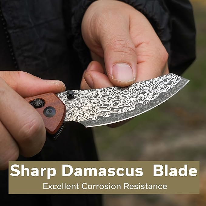 CIVIVI Sixgill Folding Pocket Knife for EDC 3.41'' Damascus Blade Guibourtia Wood Handle Deep Carry Reversible Clip Gift for Men Women C24050-DS1