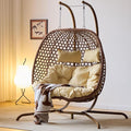 Double Swing Egg Chair with Stand Hexagon Rattan Wicker Swing Chair Outdoor Large 2 Person Patio Hanging Chair with Foldable Loveseat Removable Cushions (Beige)