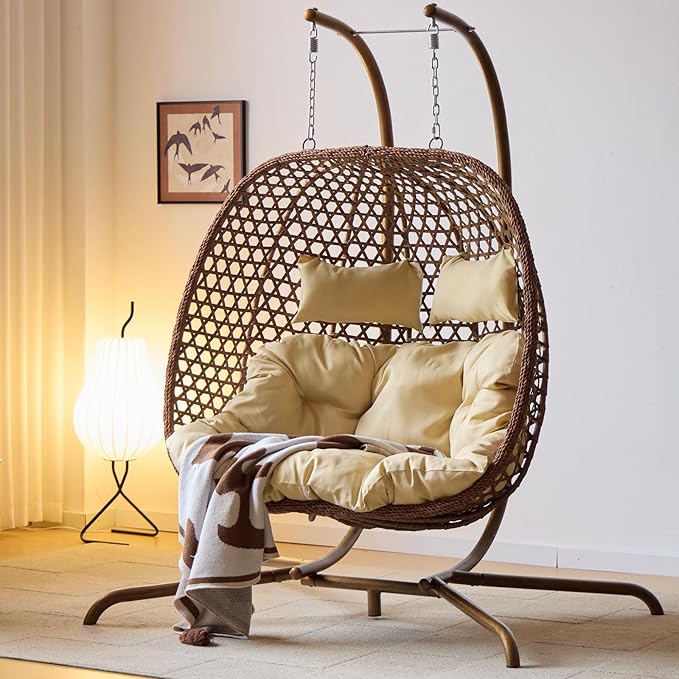 Double Swing Egg Chair with Stand Hexagon Rattan Wicker Swing Chair Outdoor Large 2 Person Patio Hanging Chair with Foldable Loveseat Removable Cushions (Beige)