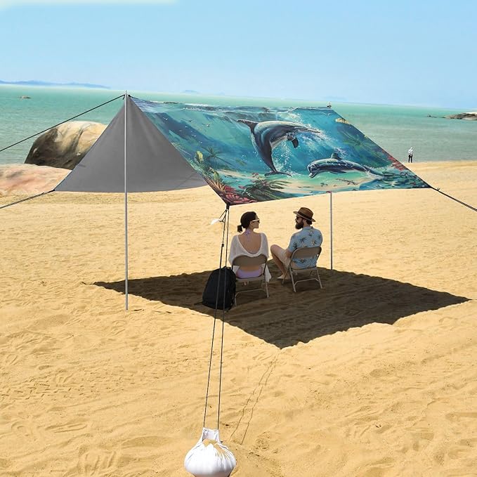 ALAZA Dolphins Tropical Island Caribbean Beach Tent Sun Shelter Portable Canopy Sunshade for Outdoor Camping Picnics Backyard Fun 10x9 ft