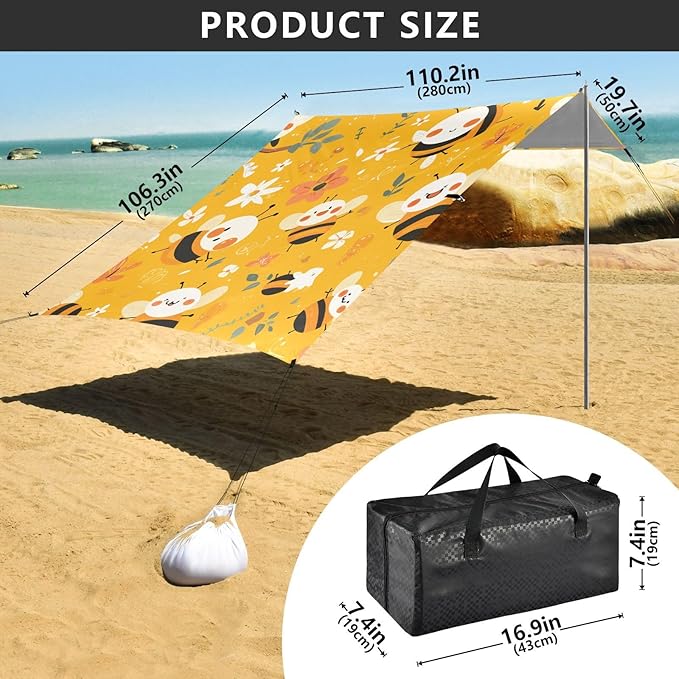 Sweet Honey Pattern Cute Bees Happy Beach Tent &amp Canopy UPF50+ Protection Waterproof Large Portable Sun Shelter with Carrying Bag for Family Trips Picnics &amp Camping