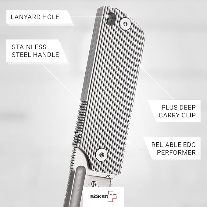 BOKER PLUS BabyX Flipper Steel – Ball-Bearing EDC Mini Pocket Knife with D2 Sheepfoot Blade – Small One-Hand Folding Knife with Stainless Steel Handle and Clip – Pocket Knife in Gift Box