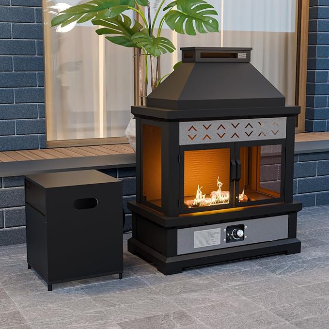 COOS BAY Outdoor Propane Fire Pit 50000 BTU Smokeless Gas Fireplace with Mesh Doors Tank Storage &amp Adjustable Flame for Patio Deck Backyard Black/Gray