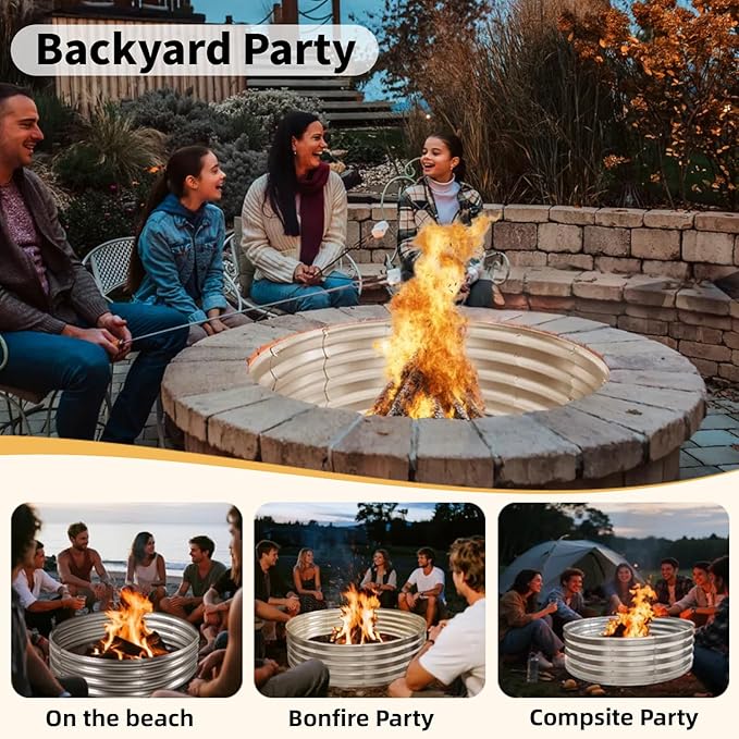 36 Inch Round Fire Pit Ring Heavy-Duty Galvanized Steel Fire Ring for Outdoor Bonfires Backyard &amp Camping Rust-Resistant &amp Easy Assembly (3×3×1 FT)