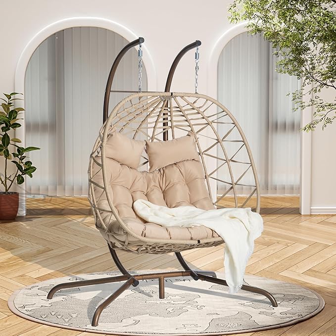 KEIKI Double Swing Egg Chair with Stand Patio Rattan Wicker Hammock Egg Chair with UV Resistant Cushion 2 Person Outdoor Indoor Hanging Basket Chair 600LBS Capacity for Balcony Garden Khaki