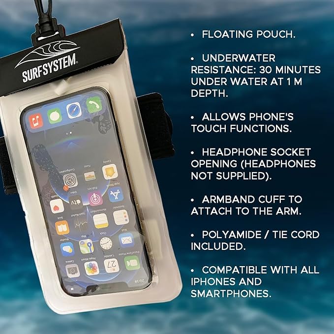 SURF SYTSTEM Floating Waterproof Pouch w/Neoprene Armband + Audio Jack for Smartphone + Screen Touch Functionality - Drybag Case iPhone Android for Surfing Bodyboarding Fishing Boating Kayaking