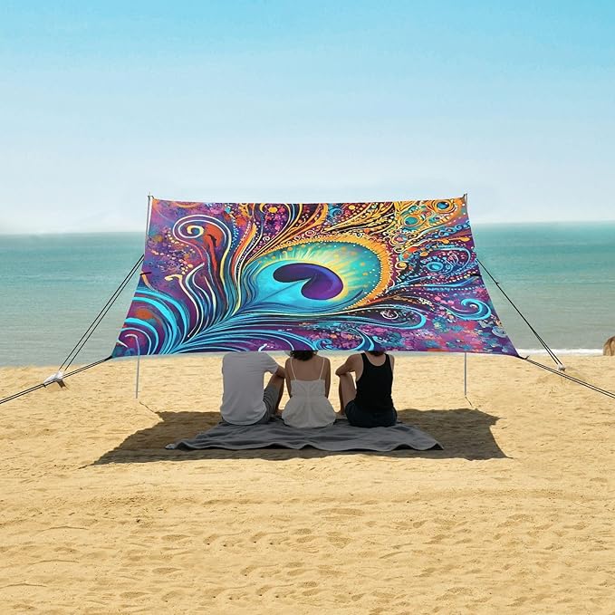ALAZA Colorful Peacock Feather Art Beach Tent Sun Shelter UPF50+ Protection Beach Shade Canopy w/ 4 Sandbags for Outdoor Camping Fishing Backyard Fun Picnic 10x9 ft