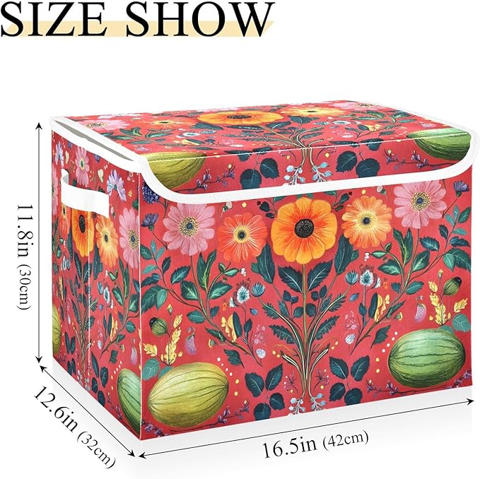 AIXIWAWA Lidded Storage Cube (Pattern Flowers) Fabric Foldable Closet Bins with Flip Lid and Handles Organizer Basket Container 16.5 x 12.6 x 11.8 IN