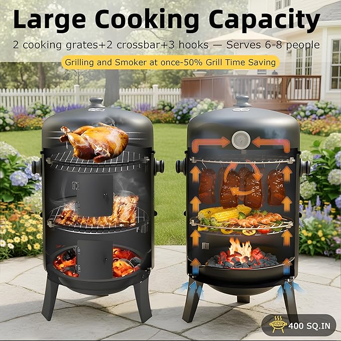 16 Inch Charcoal Smoker 3-in-1 Meat Smoker Grill with Thermometer &amp Dual Cooking Racks Portable Outdoor BBQ Smoker with 2 Access Doors Easy to Clean for Backyard Camping &amp Parties