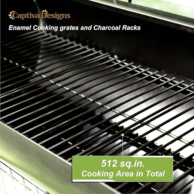 Captiva Designs Charcoal Grill with Offset Smoker All Metal Steel Made Outdoor Smoker 512 sq.in Cooking Area Best Combo for Outdoor Garden Patio and Backyard Cooking
