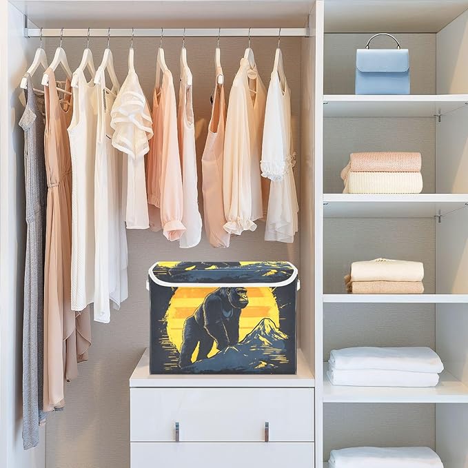 Gorilla Poster Storage Cube Bins Basket with Lid Collapsible Flip-top Fabric with Handle for Home Bedroom Closet Office 16.5×12.6×11.8 in