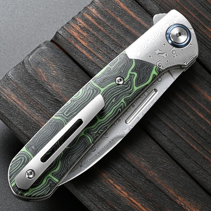 Sitivien ST256 Damascus Steel Folding KnifeDamascus Blade with Colorful G10 Handle EDC Knife for Outdoor CampingHiking Fishing(Green) … …