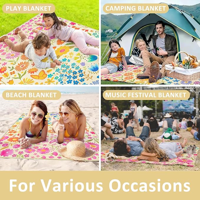 Floral Picnic Blankets Waterproof Foldable 60″X80″ Packable Picnic Mat Flowers Outdoor Blanket for Grass Large Beach Blanket Sandproof Picnic Accessories for Camping Music Festival Park Lawn Travel