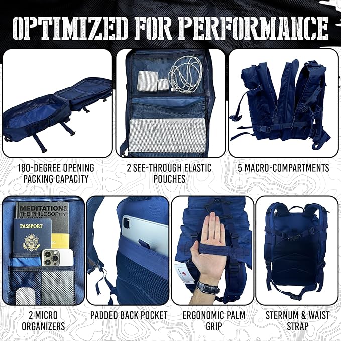 AMERICANPHOENIX 45L Elite Tactical Backpack | 3X Stronger Work &amp Military Backpack | Water Resistant and Heavy Duty | 3 Day MOLLE Bug Out Bag (Atlantic Blue)