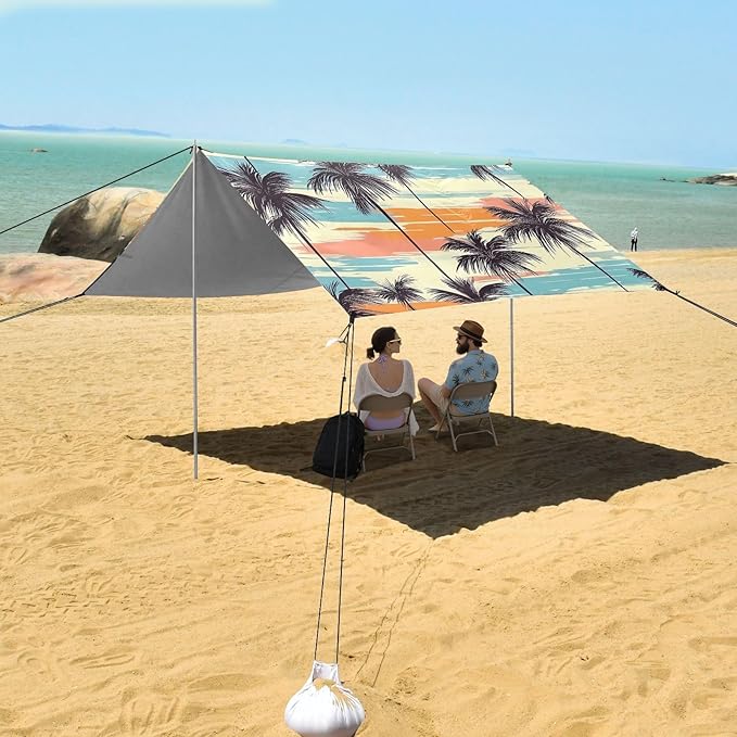 ALAZA Tropical Palm Tree Beach Tent Sun Shelter UPF50+ Protection Beach Shade Canopy w/ 4 Sandbags for Outdoor Camping Fishing Backyard Fun Picnic 10x9 ft
