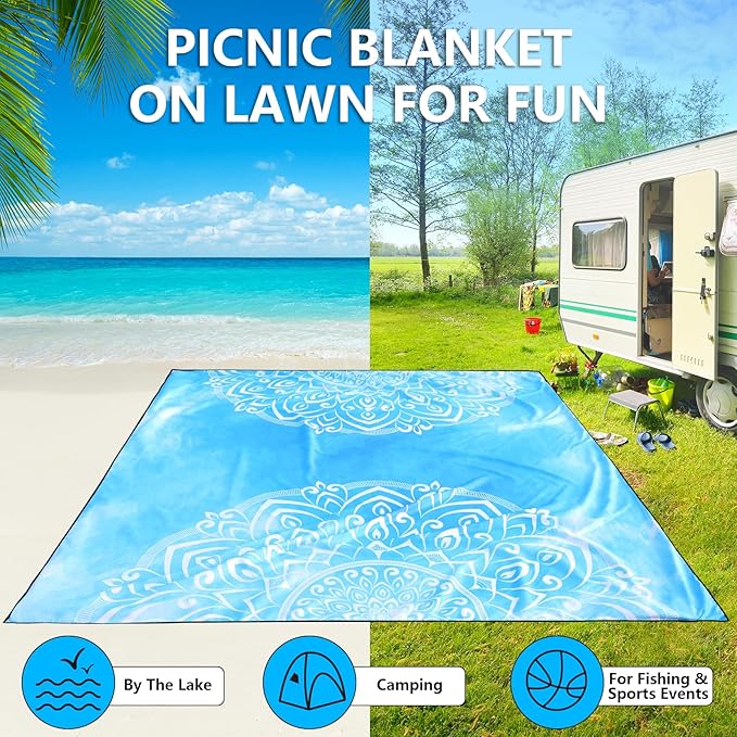Beach Blanket Waterproof Sandproof Beach Mat 79 X 83/10'x9'for 2-8 Adults Quick Drying Outdoor Picnic Mat Beach Accessories for Travel Camping Hiking