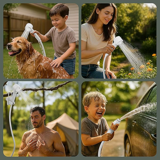 IGRL Portable Shower for Camping Powerful 10L/Min Water Flow Rechargeable Shower Pump with Bath Sponge 4 Spray Modes IPX8 Waterproof 7800mAh Battery Ideal for Hiking Travel Car Wash Pet