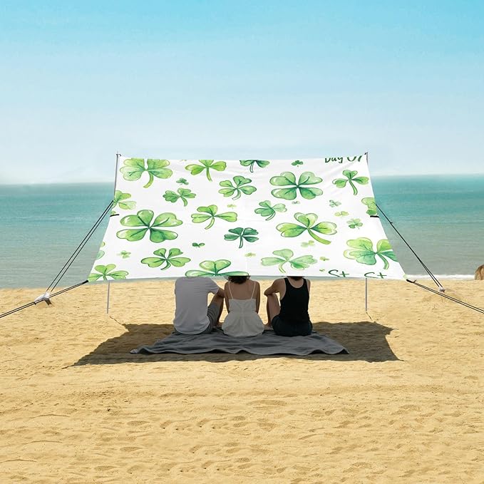 xigua St. Patrick's Day Clover Beach Tent Sun Shelter with Carrying Bag - Silver Coated Oxford Fabric Beach Canopy for Beach Camping Fishing - Includes Windproof Ropes Sandbags &amp Stakes