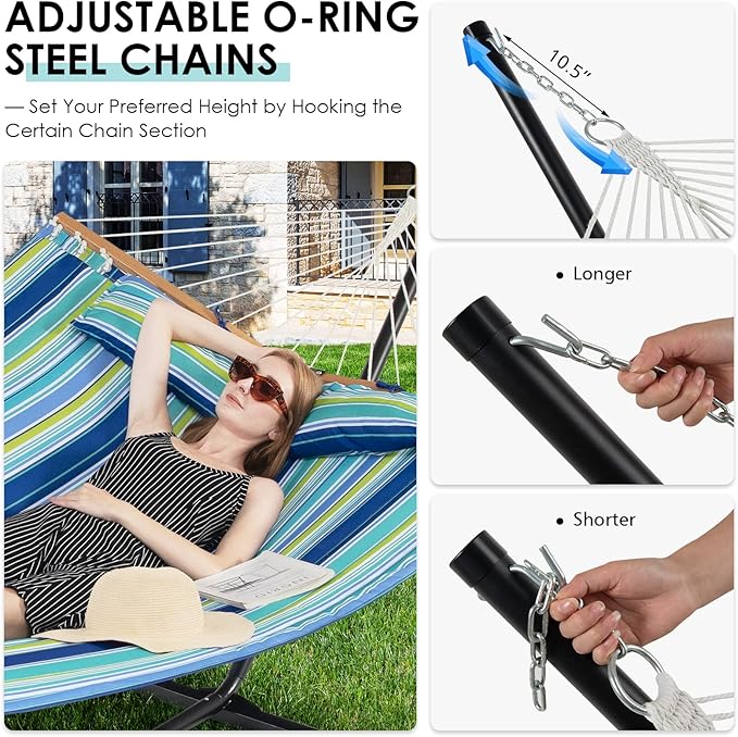 Tangkula 10.5FT Double Hammock Heavy Duty Outdoor Hammock with Curved Spreader Bars Detachable Pillow 2 Person Hammocks for Outside Porch Patio (Stand is not Included) (Blue+Green)