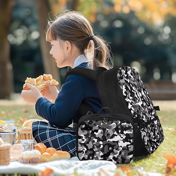 Grey Camo Backpack for Men Large Capacity Bookbag with Lunch Box for Outdoor Lightweight School Bag with Front Zipper Pocket for Travel Office