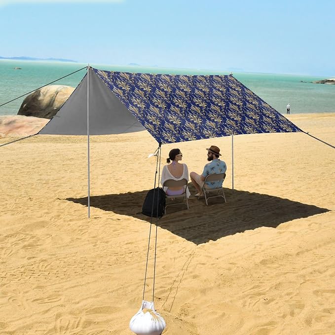 ALAZA Golden Damask Art Deco Floral Beach Tent Sun Shelter UPF50+ Protection Beach Shade Canopy w/ 4 Sandbags for Outdoor Camping Fishing Backyard Fun Picnic 10x9 ft