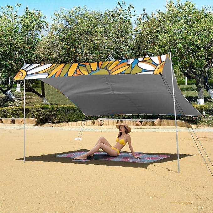 ALAZA Peace Daisy Flower Beach Tent Sun Shelter UPF50+ Protection Beach Shade Canopy w/ 4 Sandbags for Outdoor Camping Fishing Backyard Fun Picnic 10x9 ft
