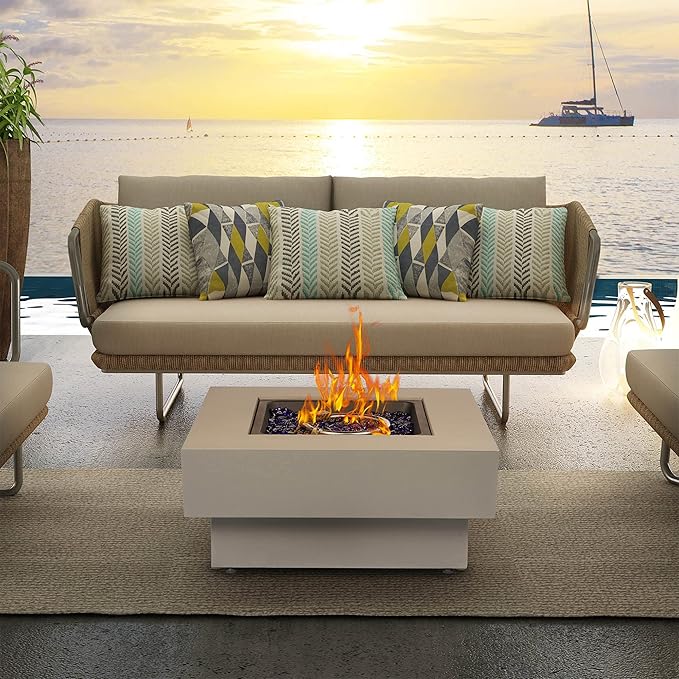 Propane Fire Pit Table 32.5-inch 50000 BTU Outdoor Gas Fire Table for Patio w/Lid Glass Rocks Cover Pre-Attached 10ft Propane Hose Flint Gray