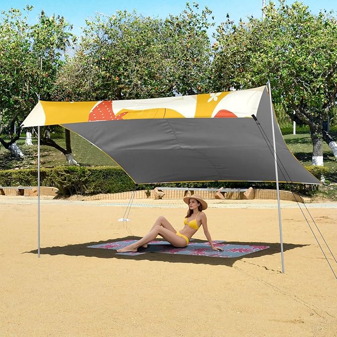 Cute Goose Cartoo Beach Canopy UPF50+ Water-Resistant Sun Shelter with Sandbags &amp Sand Shovel for Camping Picnics Backyard