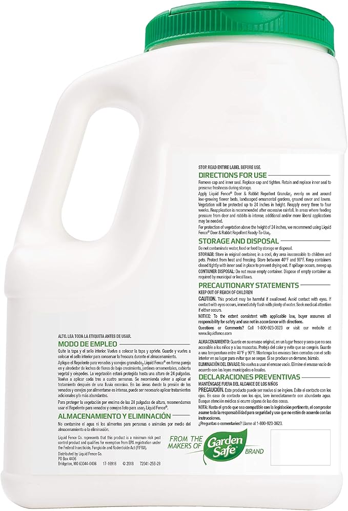 Liquid Fence Deer and Rabbit Repellent Granular 5 Pounds Pack of 4 and Concentrate Repels Deer and Rabbits 1 Gallon