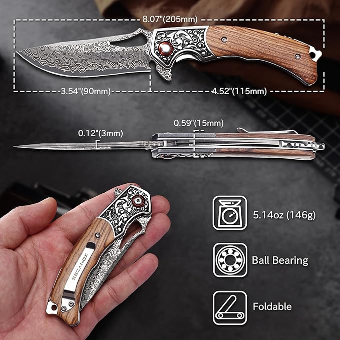 Damascus Pocket Knife with Wooden Handle Sharp 3.54 Damascus Steel Blade Folding Knives for EDC Camping Hiking Outdoor Collection