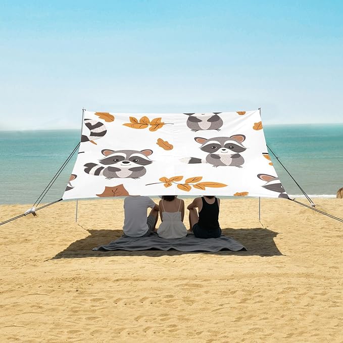 ALAZA Cute Cartoon Raccoons Leaves Beach Tent Sun Shelter Portable Canopy Sunshade for Outdoor Camping Picnics Backyard Fun 10x9 ft