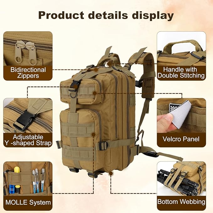 Tactical Backpack for Men Small Military Molle Backpack 30L Assault Pack Rucking Backpack for Hiking Camping Travel Fishing Outdoors (Khaki)