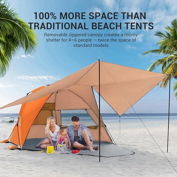 Elegear CumbreX™ Beach Tent with 360° Removable Canopy 4-6 Person Pop Up Sun Shade Shelter UPF 50+ Automated Installation Double Silver Coating Portable Lightweight Beach Cabana for Outdoor Orange