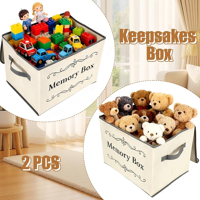 LemonRoad 2Pcs Memory Box Keepsakes for Kid Memory Decorative Storage Box Bin with Lid for Baby Wedding Travel Birthday Anniversary Precious Milestones Gift Loved Ones Treasured 16x12x12''(Ecru)
