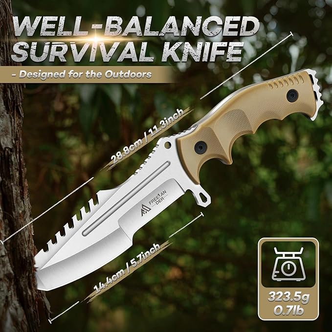 Freelander Fixed Blade Knife with Sheath Full Tang D2 Steel Survival Knife Camping Bushcraft Knives with Ergonomic Handle Outdoor Knives for Men