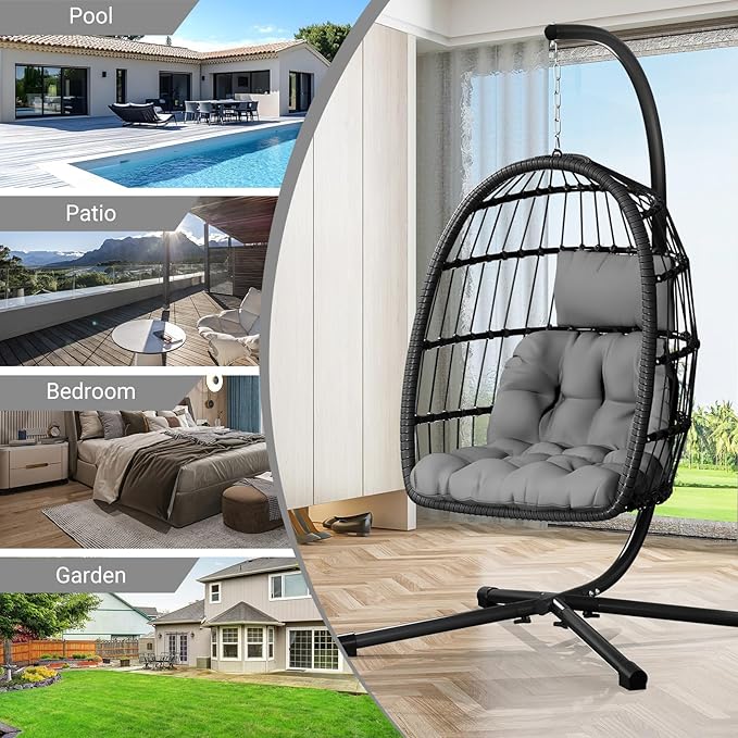 CHABATREE Egg Chair with StandPatio Rattan Wicker Hanging Swing Egg Chair Hammock Chair for Bedroom Porch GardenThickened Aluminum Alloy Steel Frame and UV Resistant Cushion350LBS Capacity