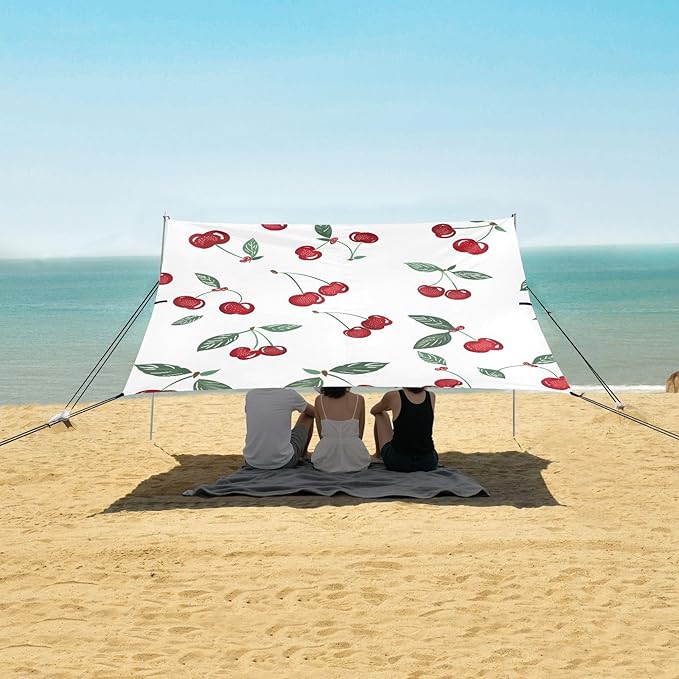 ALAZA Cherry on White Pattern Beach Tent Sun Shelter Portable Canopy Sunshade for Outdoor Camping Picnics Backyard Fun 10x9 ft