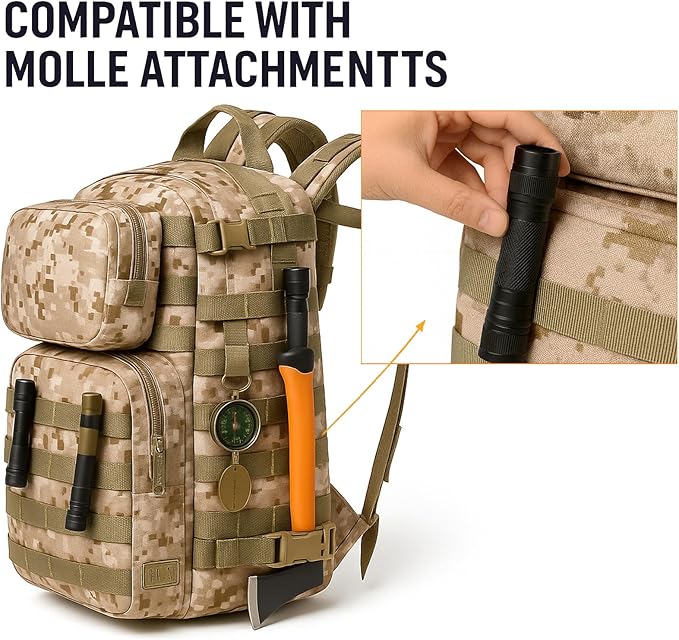 MT Military Rucksack Style Assault Pack Compatible with FILBE System – Tactical MOLLE Backpack for Outdoor Hiking Camping Hunting – Modular 30L Capacity Marpat Desert