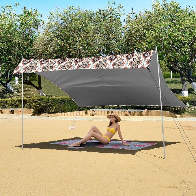 ALAZA Vintage Ikat Flowers Aztec Art Beach Tent Sun Shelter UPF50+ Protection Beach Shade Canopy w/ 4 Sandbags for Outdoor Camping Fishing Backyard Fun Picnic 10x9 ft